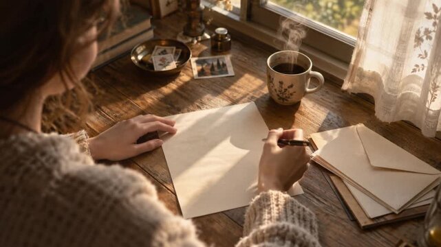 Woman writing a handwritten letter at a sunlit desk