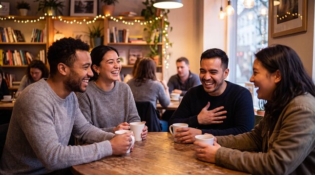 Friends Laughing Together at Cozy Coffee Shop Table