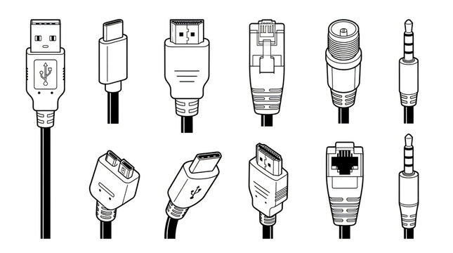 Assorted computer cables and connectors illustration