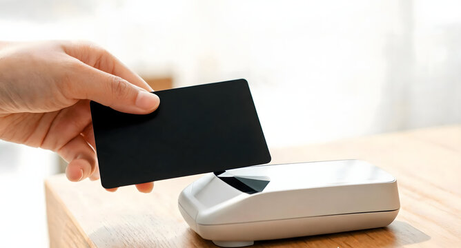 Hand tapping black contactless credit card on modern white POS payment terminal on wooden counter table