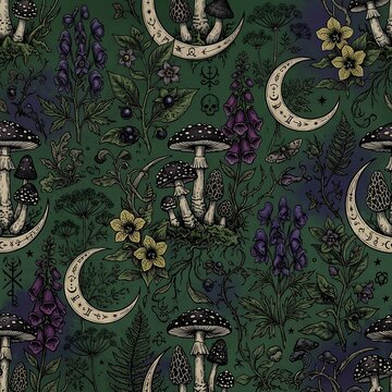 Seamless dark witchy botanical pattern with mushrooms, crescent moons, belladonna, foxglove, skull motifs, and alchemy symbols in line art style on a dark forest green background.