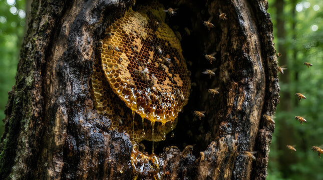 Beehive on tree bark with bees