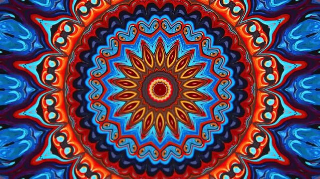 Vibrant psychedelic kaleidoscope pattern with rotating symmetrical mandala design in red, blue, and orange