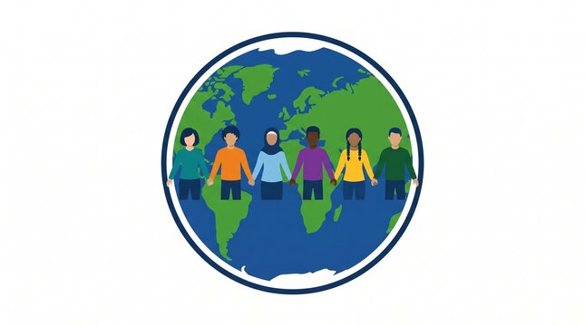 Diverse group holding hands around globe