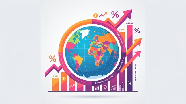 Global growth statistics with colorful charts and arrows