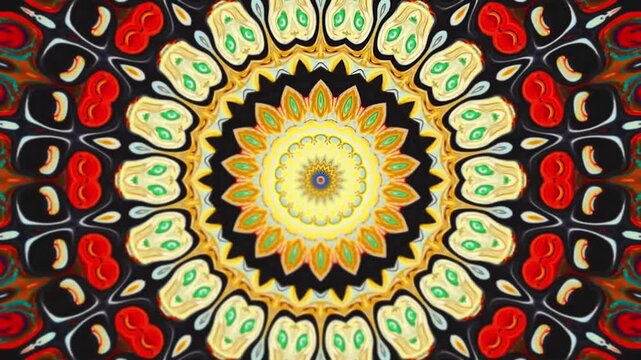 Symmetrical kaleidoscopic pattern animation with radiant yellow, orange, and green mandala design