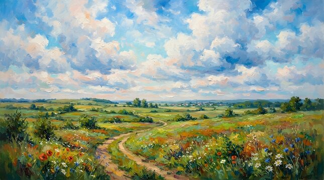 Abstract landscape with colorful sky and rolling green fields in a mosaic pattern