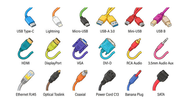 Colorful set of cable connectors and ports icons