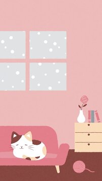 winter looping animation background with a Japanese cat curled up on the pink sofa in the room and falling snow outside the window