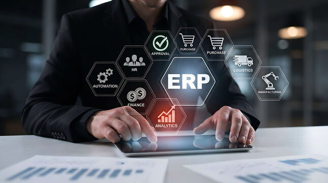 Businessman interacting with digital ERP software and business icons on a tablet