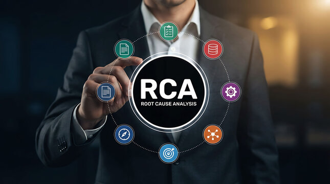 Businessman interacting with digital root cause analysis graphic interface