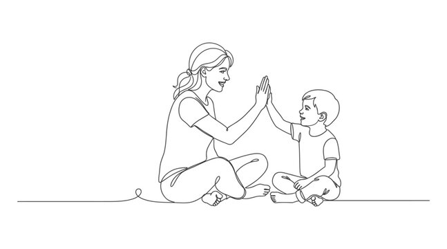 Mother and young son giving each other a high five continuous line drawing with parenting
