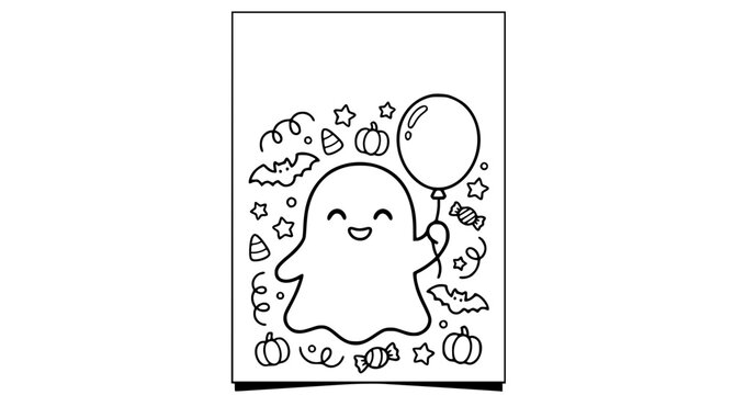 Cute Halloween Ghost with Balloon Coloring Page Cover Design