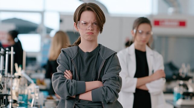 Young scientist with a defiant expression stands in a laboratory.