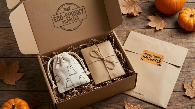 Cardboard shipping box filled with eco friendly packaging and autumn gifts on wooden table