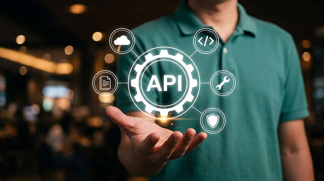 Developer holding a glowing API gear icon graphic in software development