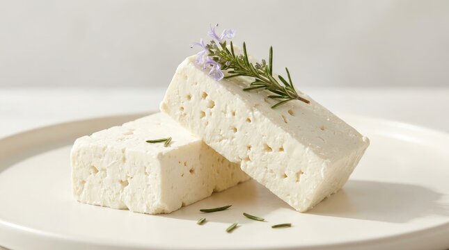 Fresh white feta cheese blocks garnished with fragrant rosemary sprigs arranged elegantly on a clean ceramic plate against light background