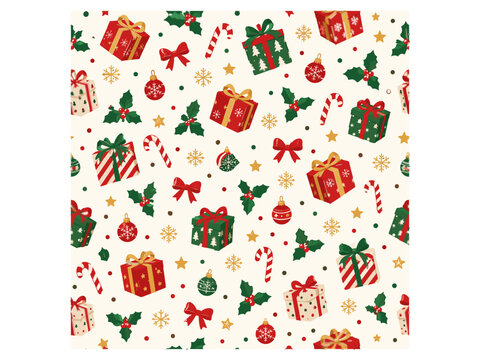 Joyful christmas pattern - gifts, candy, decoration & beautiful red and green foliage