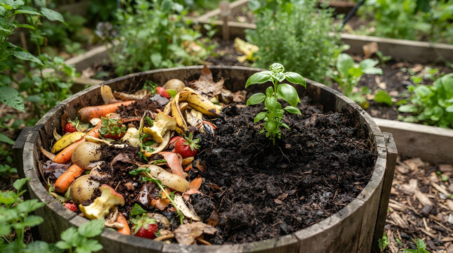 Organic kitchen waste composting in a wooden barrel with a small basil plant growing in soil.