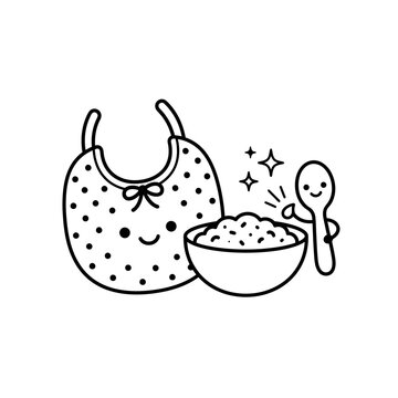 Cute kawaii baby bib bowl and smiling spoon feeding line art