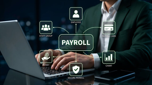 Professional man using laptop with digital payroll and HR icons in an office