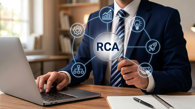 Businessman analyzing root cause with futuristic digital icons and laptop screen