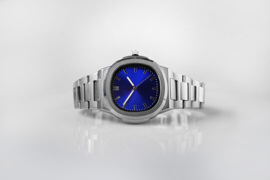 Elegant Silver Wrist Watch with Blue Dial Isolated on White Background, Modern Men&rsquo;s Fashion Accessory