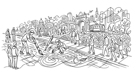 Fototapeta premium Urban Artistry: Artists Create Street Mural with Cityscape Background