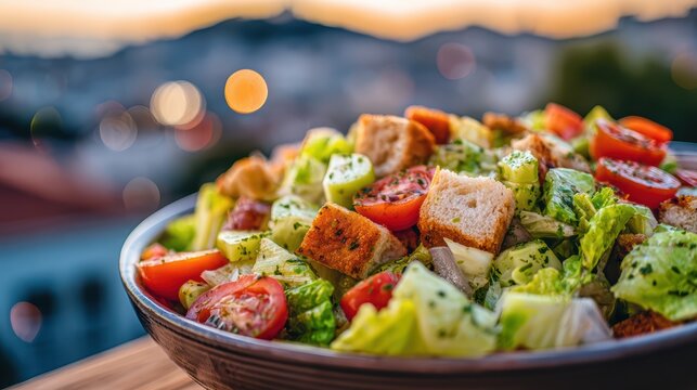 Fresh Caesar Salad Bowl: A delicious bowl brimming with crisp romaine lettuce, juicy cherry tomatoes, crunchy croutons, and savory dressing, set against a blurred urban skyline at sunset.