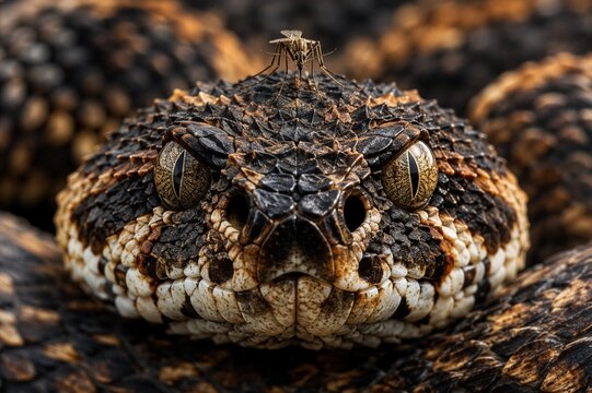 Macro portrait of venomous snake with a mosquito resting on its head