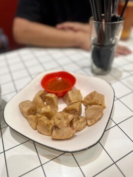Plate of Fried Fish Balls with Chili Sauce