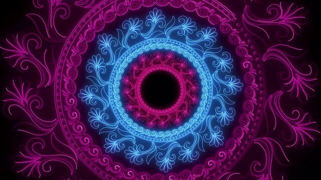 Neon pink and cyan fractal mandala pattern with glowing ornamental swirls rotating slowly on black background