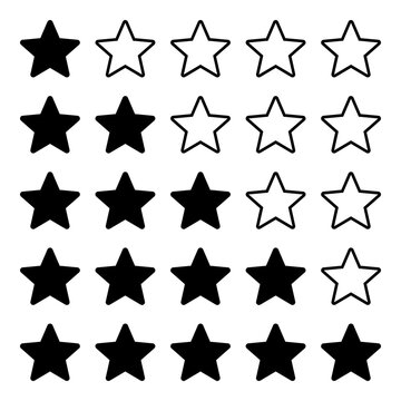 Set of star ratings for customer review from one star to five stars in black vector icons