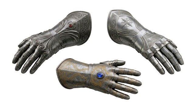 Collection of three ornate metal medieval gauntlets including one with a blue gemstone metal glove knight armor