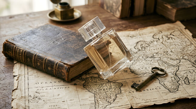 Glass perfume bottle rests on an old map next to a vintage book and key