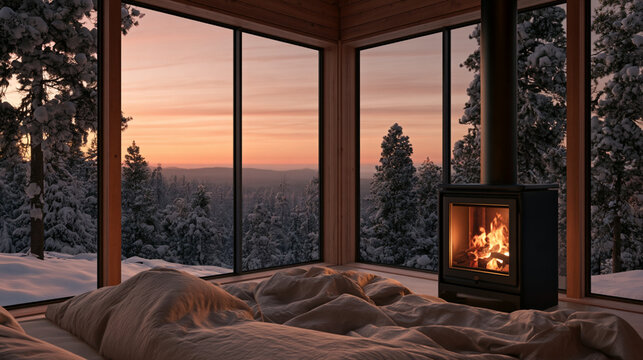 Cozy modern winter cabin bedroom interior with a wood burning stove, floor-to-ceiling glass windows overlooking a snowy pine forest at sunset, and a warm comfortable bed