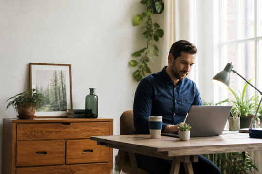 Man working from a plant filled home office with natural light, wooden furniture, and reusable coffee cup in a sustainable interior for a greener future at home
