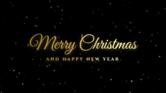 Golden merry christmas and happy new year text animation with floating particles on a dark black background setting with video gold