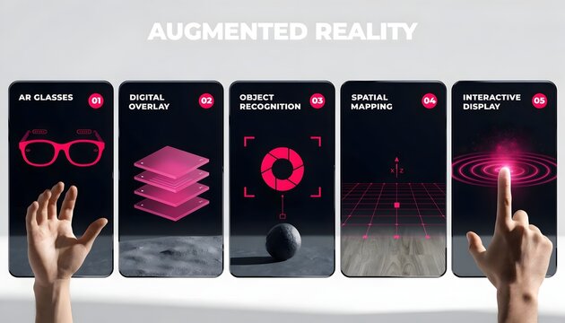 Hands interacting with augmented reality interface panels on a digital display