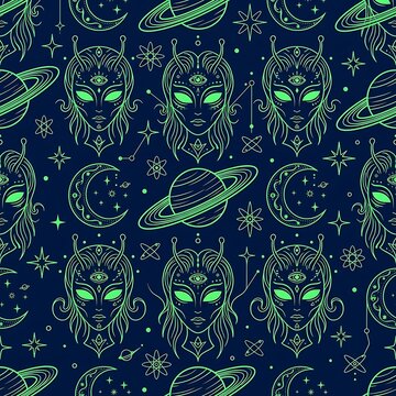 Seamless cosmic pattern with glowing green line art of alien faces, third eyes, Saturn planets, crescent moons, and stars set on a deep dark blue space background layout design.