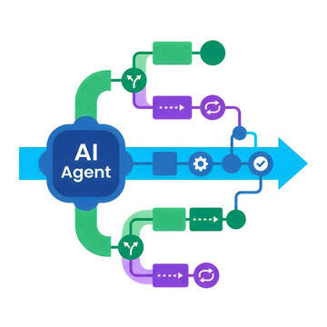 AI Agent Workflow Diagram Modern Flat Illustration with Process Icons for Technology Conference Presentation Vector
