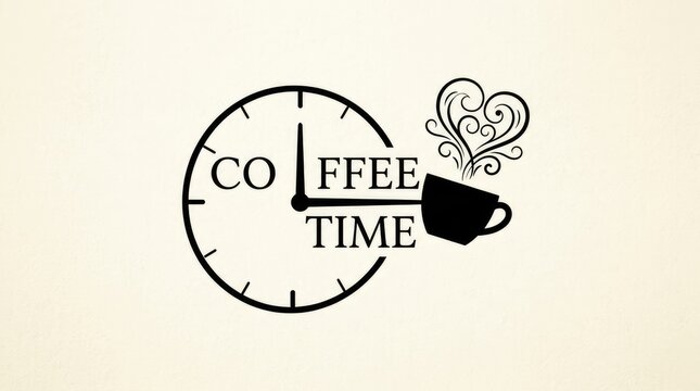Elegant black coffee time typographic design featuring an artistic clock face with a steaming mug icon on light textured background