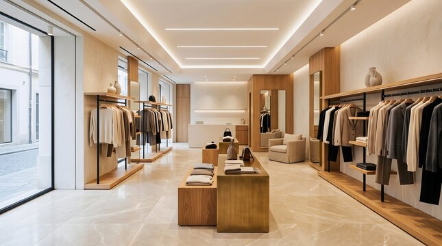Modern luxury clothing store interior with minimalist wooden decor