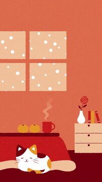 winter looping animation background with a Japanese cat curled up on the Kotatsu in the room and falling snow outside the window