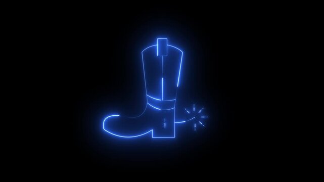 Neon cowboy boot with glowing spur animation on black background, neon sign glowing, western style, country music