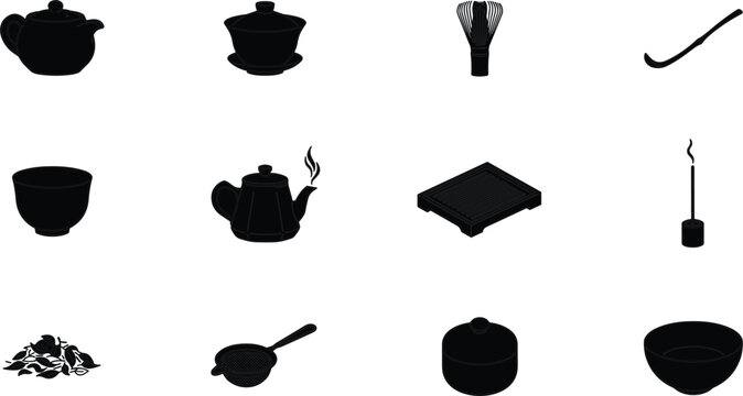 Traditional Tea Ceremony Silhouette Icon Set with Japanese Matcha Whisk Teapots Bowls and Incense Elements for Restaurant Menus Packaging and Cultural Designs