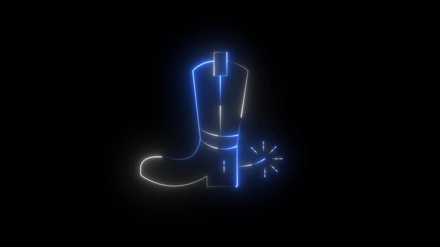 Neon cowboy boot with glowing spur animation on black background, neon sign glowing, western style, country music