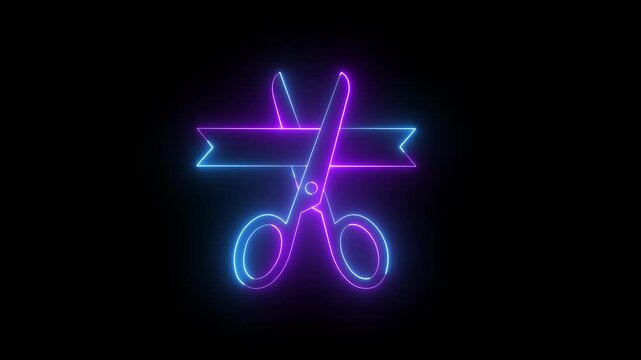 Neon grand opening ceremony with scissors cutting ribbon, glowing digital signage for business launch and event promotion