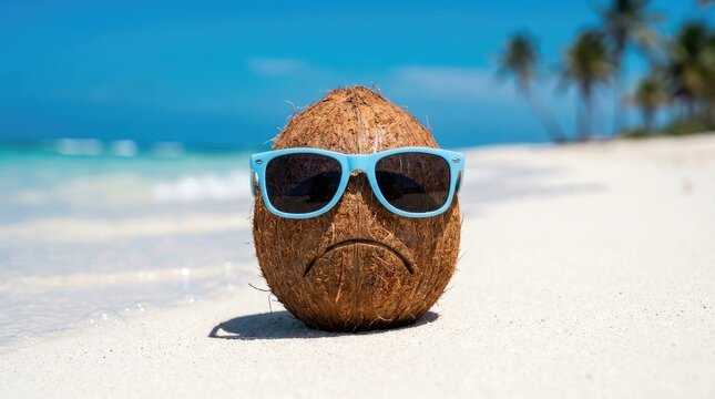 Coconut wearing light blue sunglasses resting on white tropical beach sand under bright summer sun against blurred ocean blue background