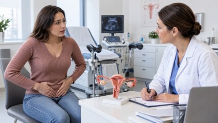 Plakat Woman discussing lower abdominal symptoms with gynecologist in medical office. concept of women's health, medical consultation, gynecology appointment